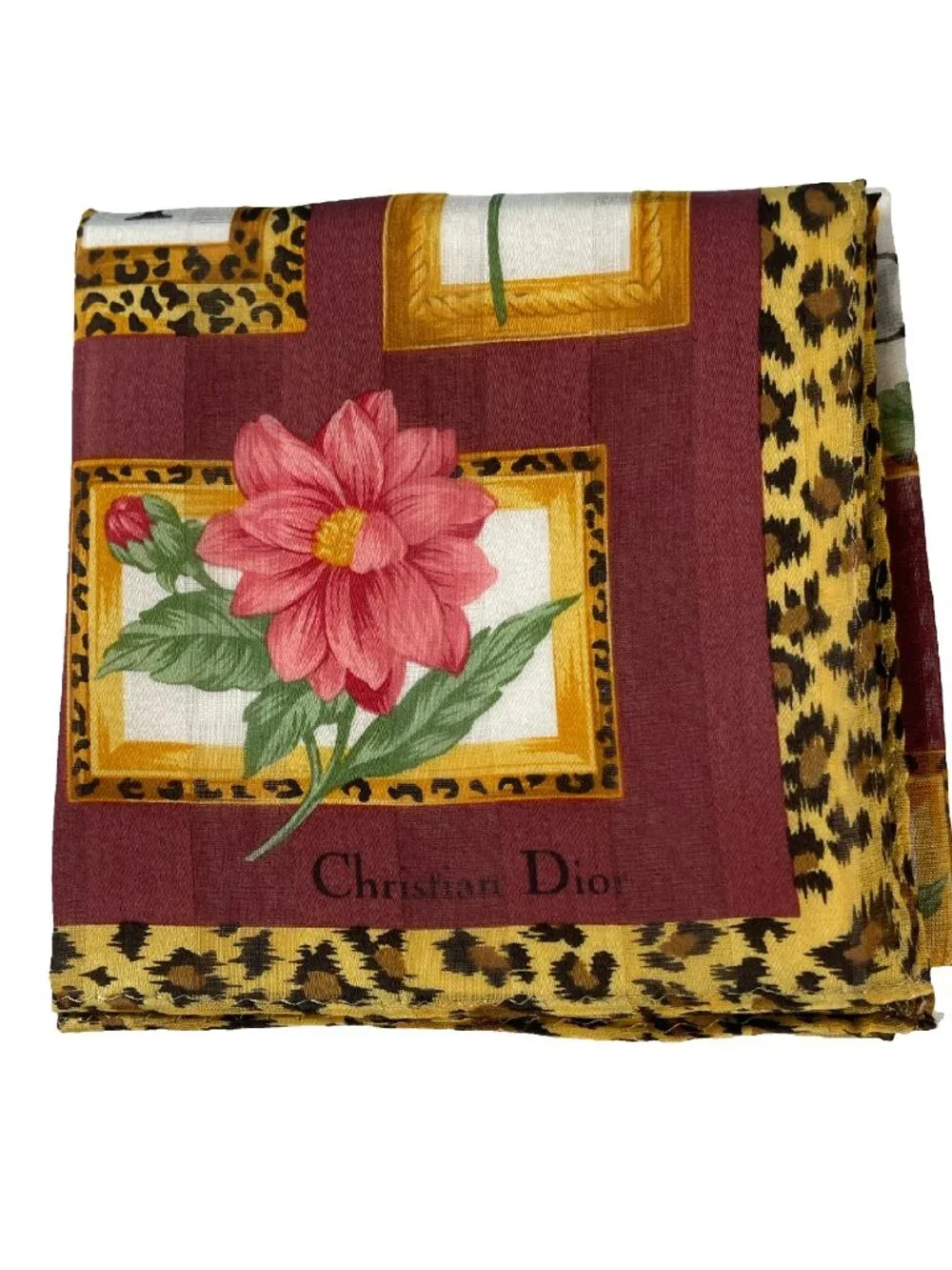 NWOT Vintage Christian Dior Floral Leopard Frame Cotton Scarf 19